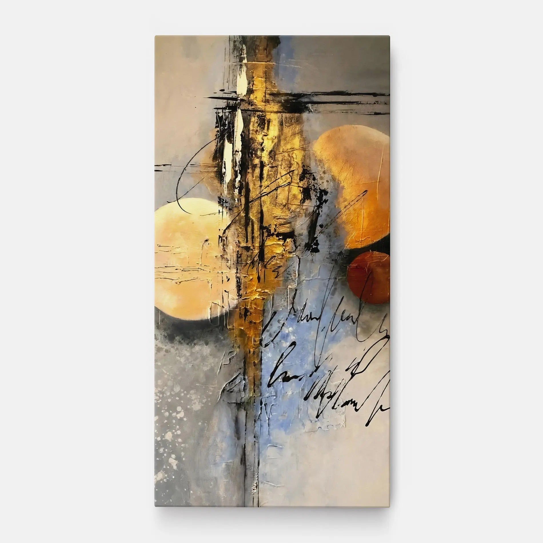 Tablou canvas cu pictura abstracta cu cercuri aurii si negre